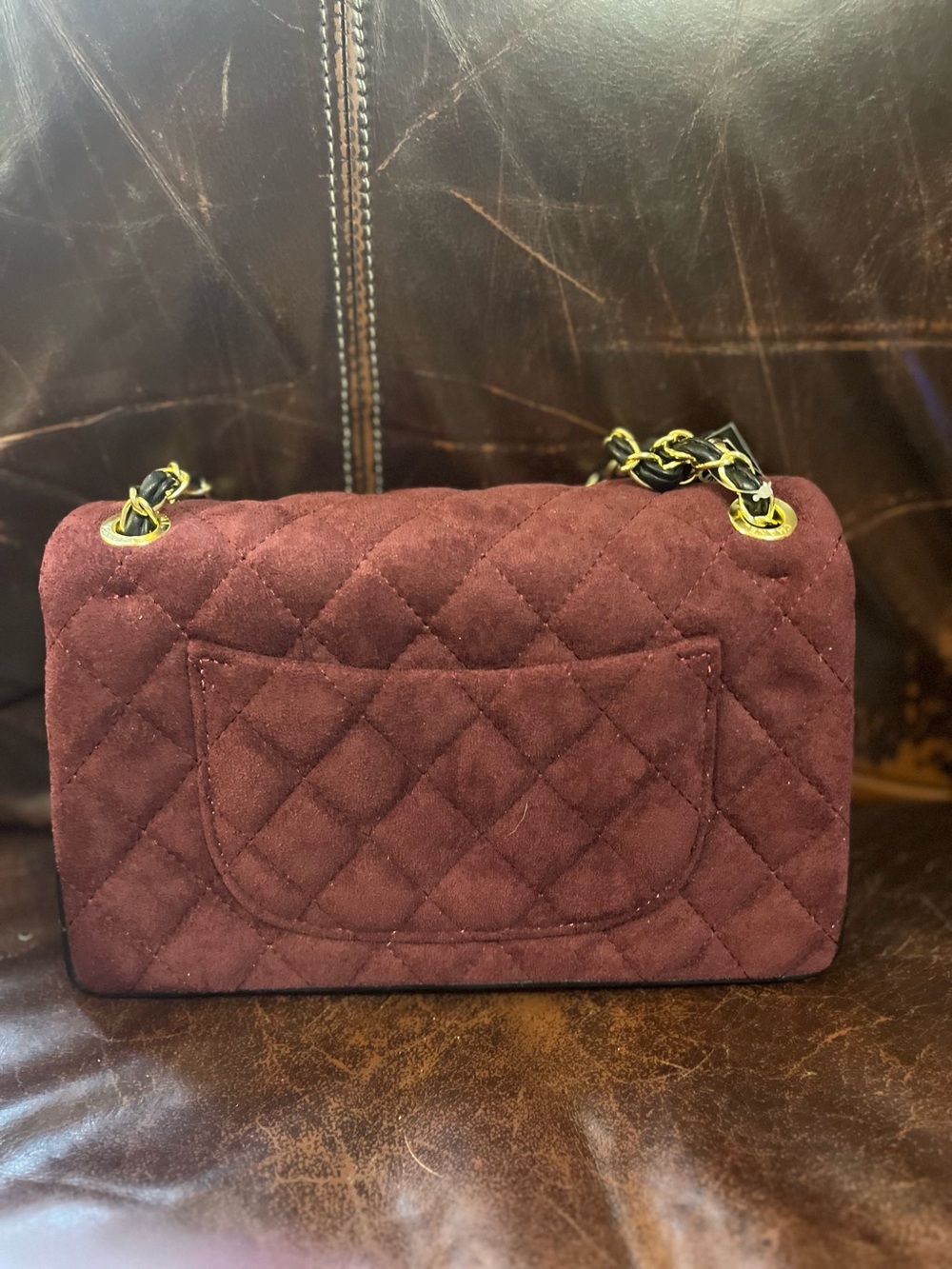 ChaneI Burgundy Black Trim Quilted MicroSuede Classic Flap Bag - Picture 8 of 11